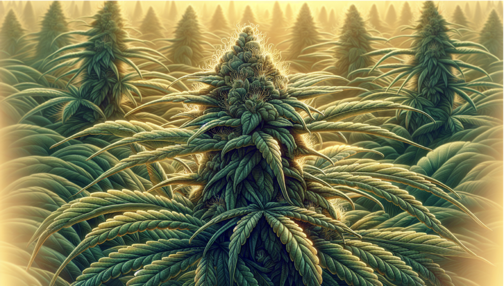 Dense cannabis plants growing under golden sunlight in a lush green field.