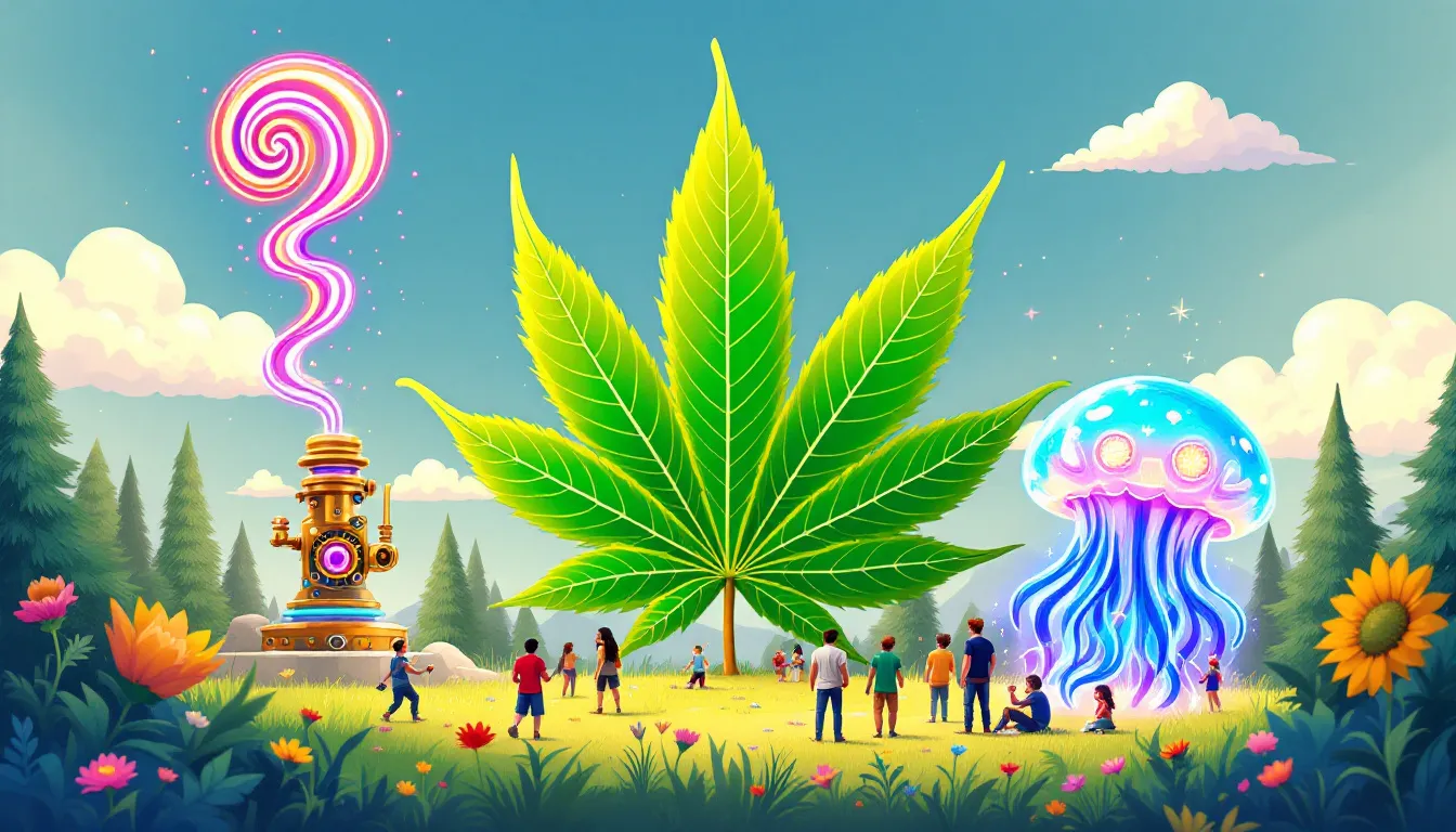 Colorful cannabis-themed fantasy scene with people, jellyfish, leaf, and forest.