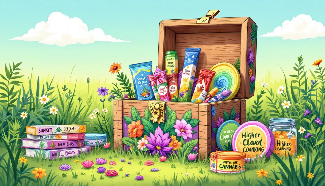 Colorful cannabis gift box with edibles, books, and nature-themed packaging.