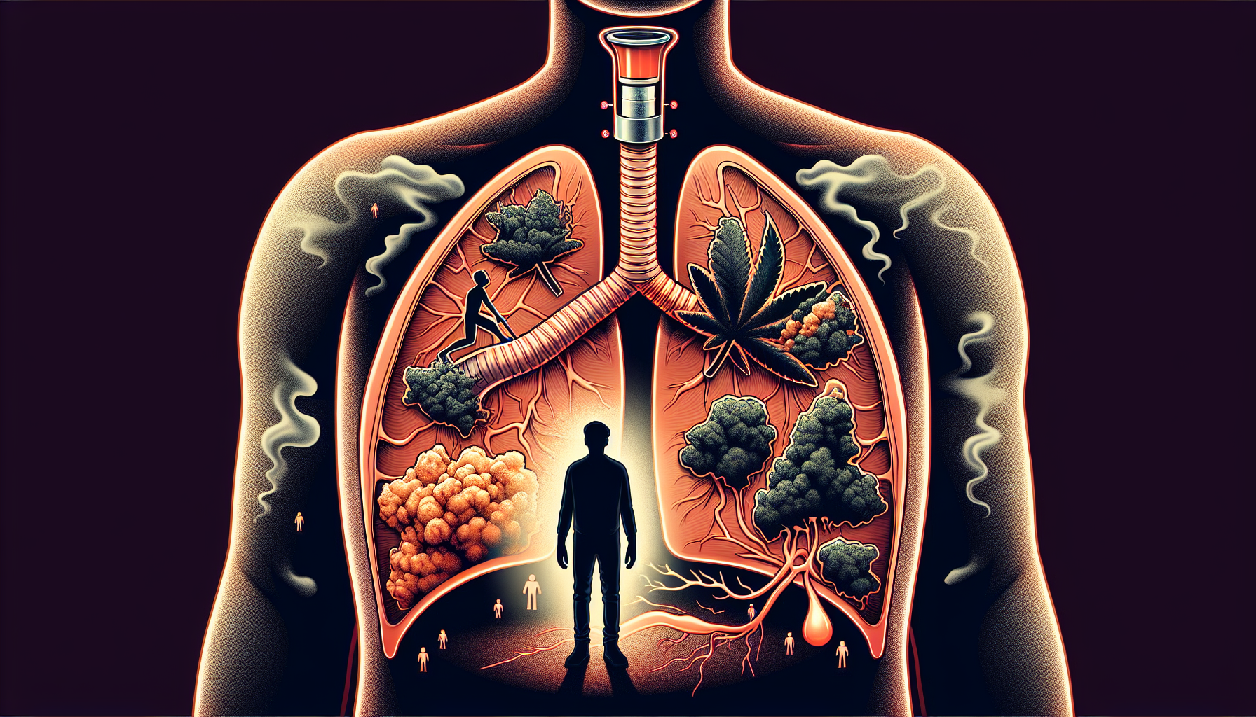 Human lungs illustration with cannabis leaves and smoke pathways inside body.