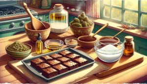Cannabis-infused brownie ingredients and baked edibles displayed in a cozy kitchen.